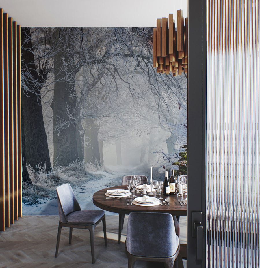A mural of a frozen forest path on wallpaper would look great in the dining room