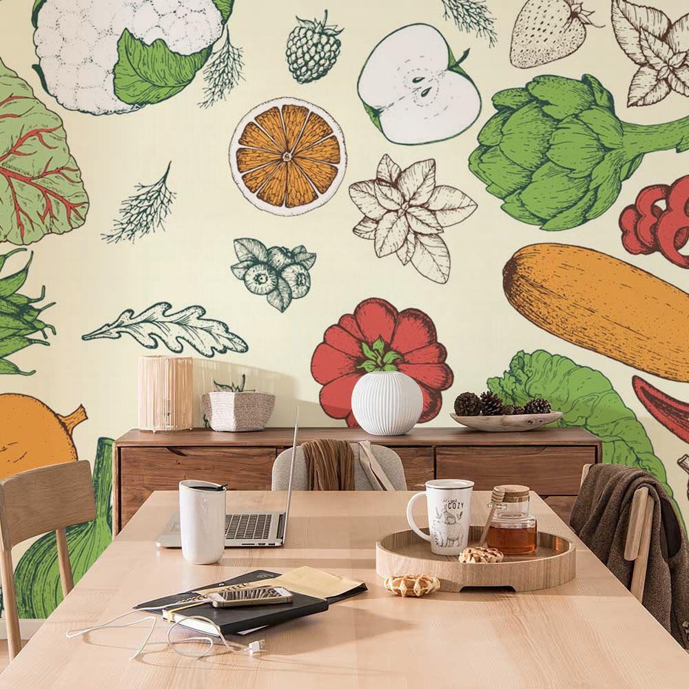 Design Ideas for a Dining Room with Fruit and Vegetable Wallpaper