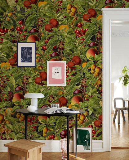 Vintage Fruit Garden Botanical Mural Wallpaper in living room