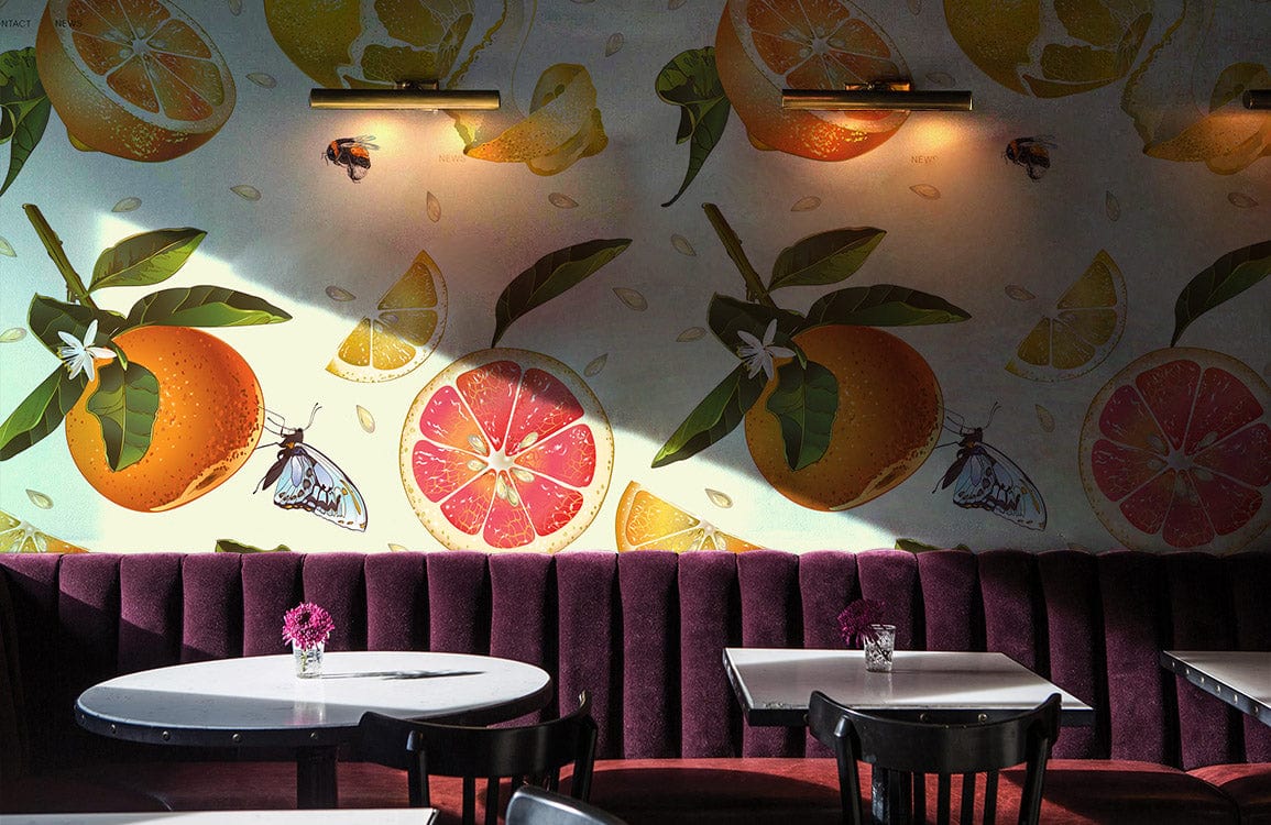 wallpaper with a fruit pattern in bright colors