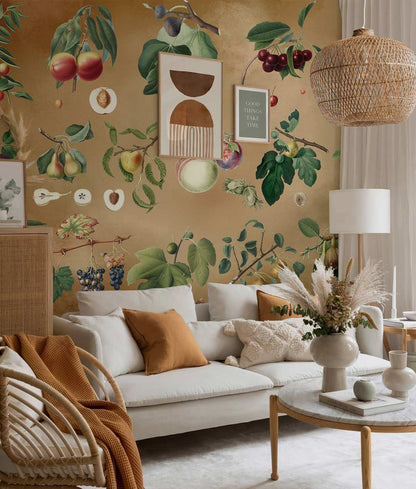 Vintage Botanical Fruit Garden Mural Wallpaper in living room