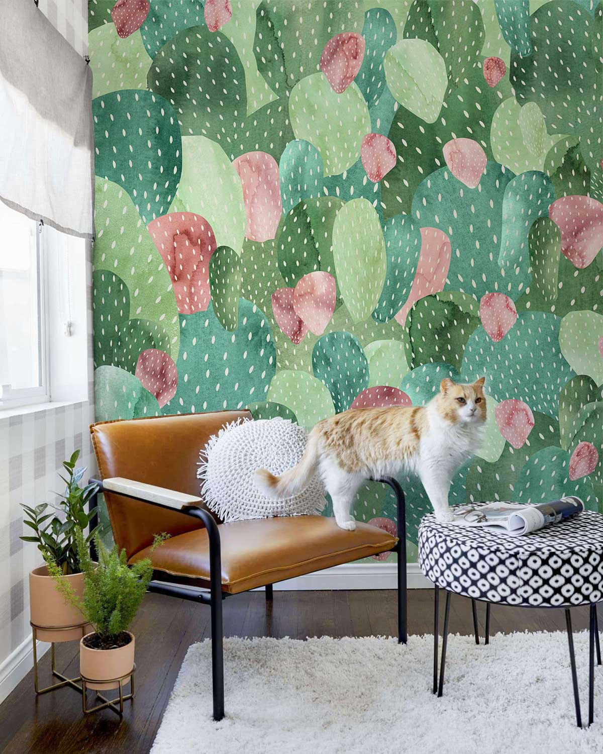 green cactus pattern mural wallpaper in living room