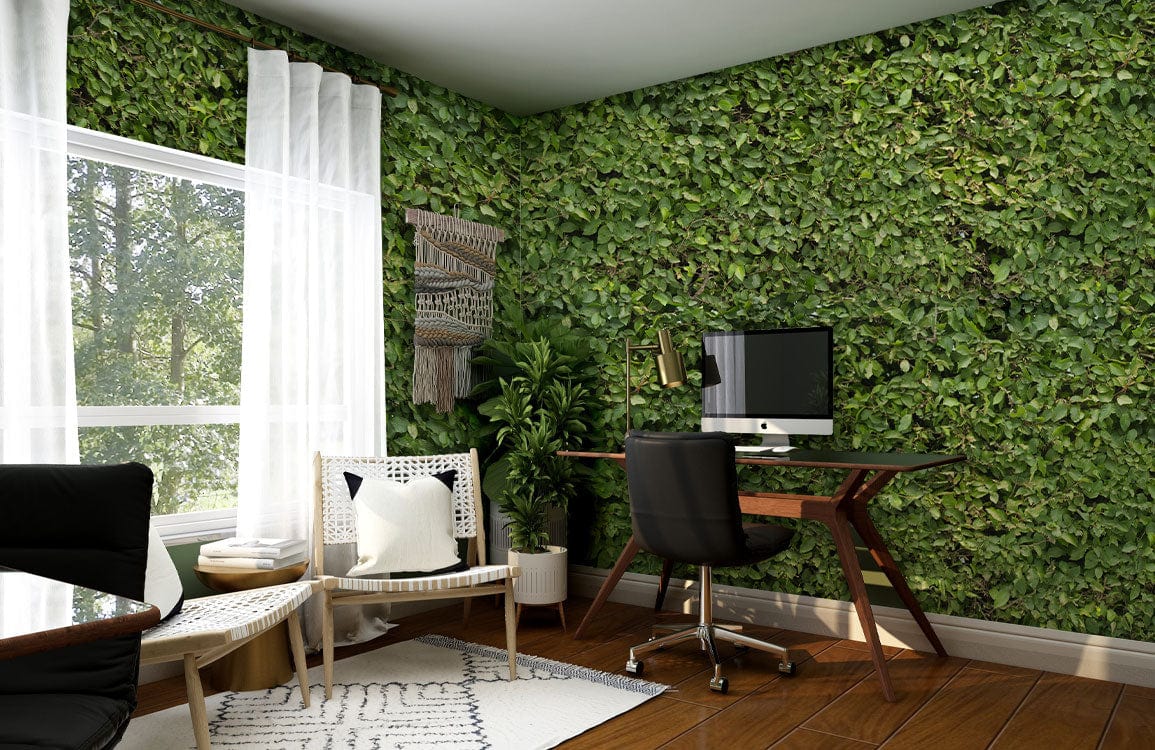 Lush Green Botanical Mural Wallpaper in office