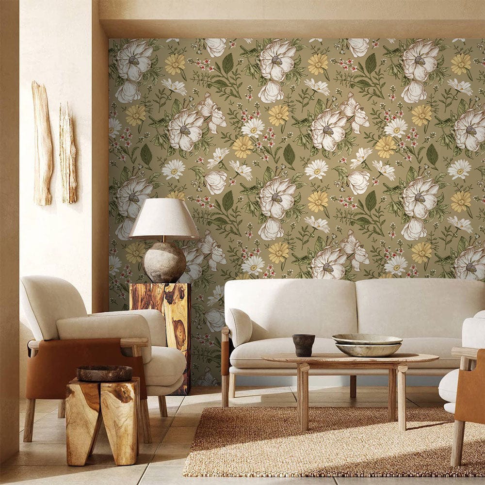 Wallpaper mural with fully opened daisies, perfect for use as a runner in the living room.
