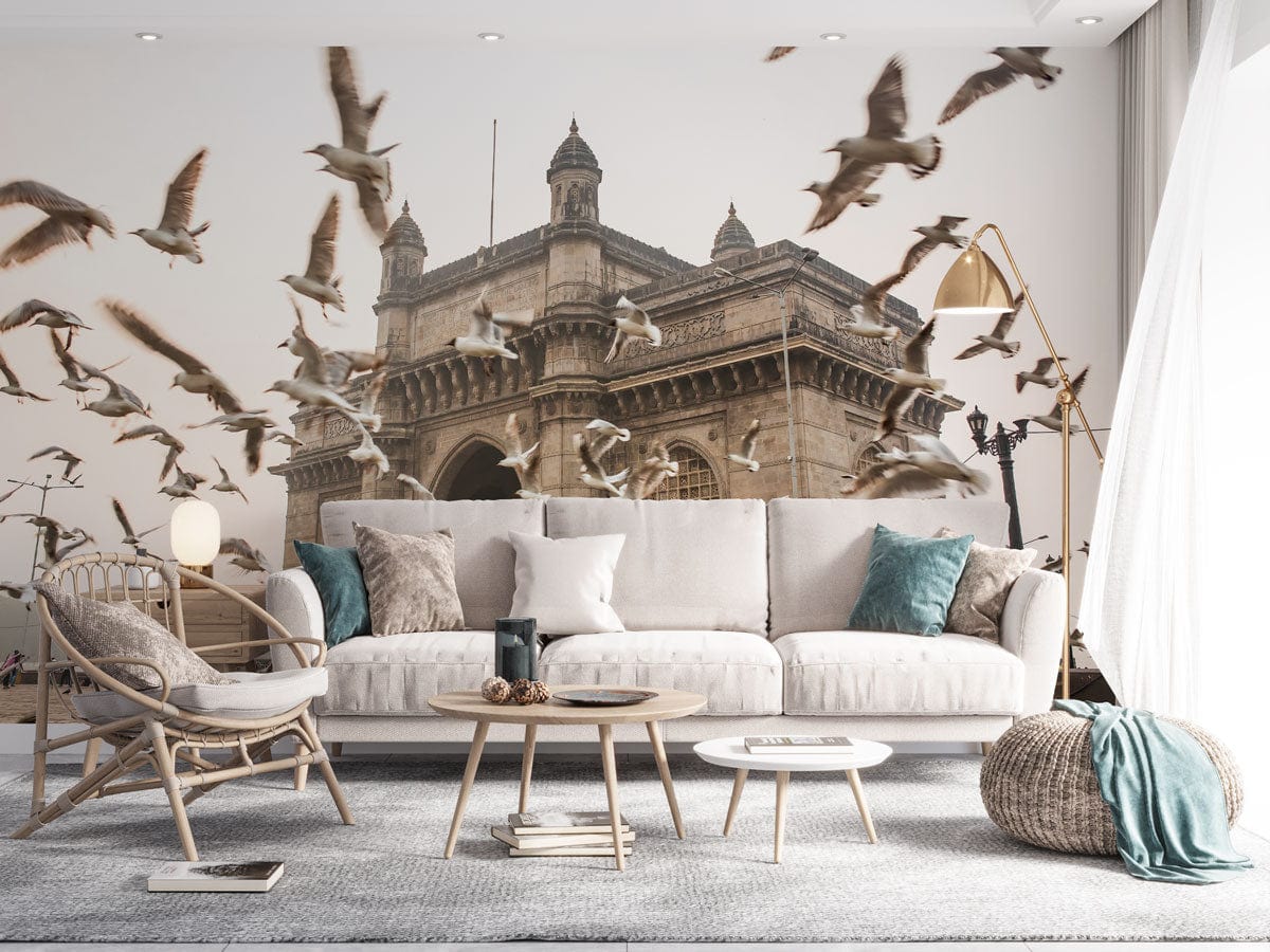 Wallpaper mural featuring the Gateway of India for use in decorating a living room