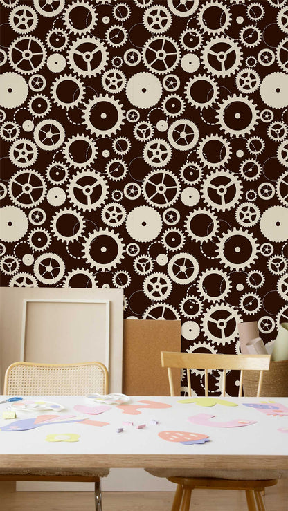 Industrial Gears Abstract Geometric Mural Wallpaper in craft room