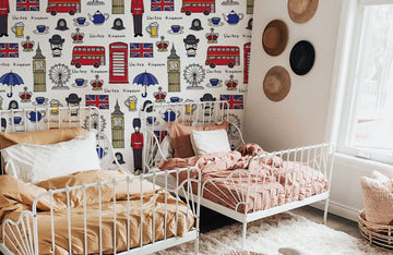 Colorful British Icons Illustrated Mural Wallpaper