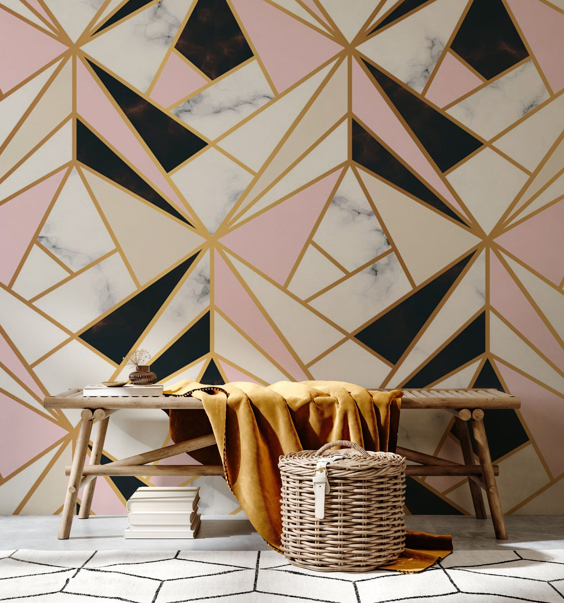 Geometric Marble Wallpaper Mural in Black and Pink For Study Room Design