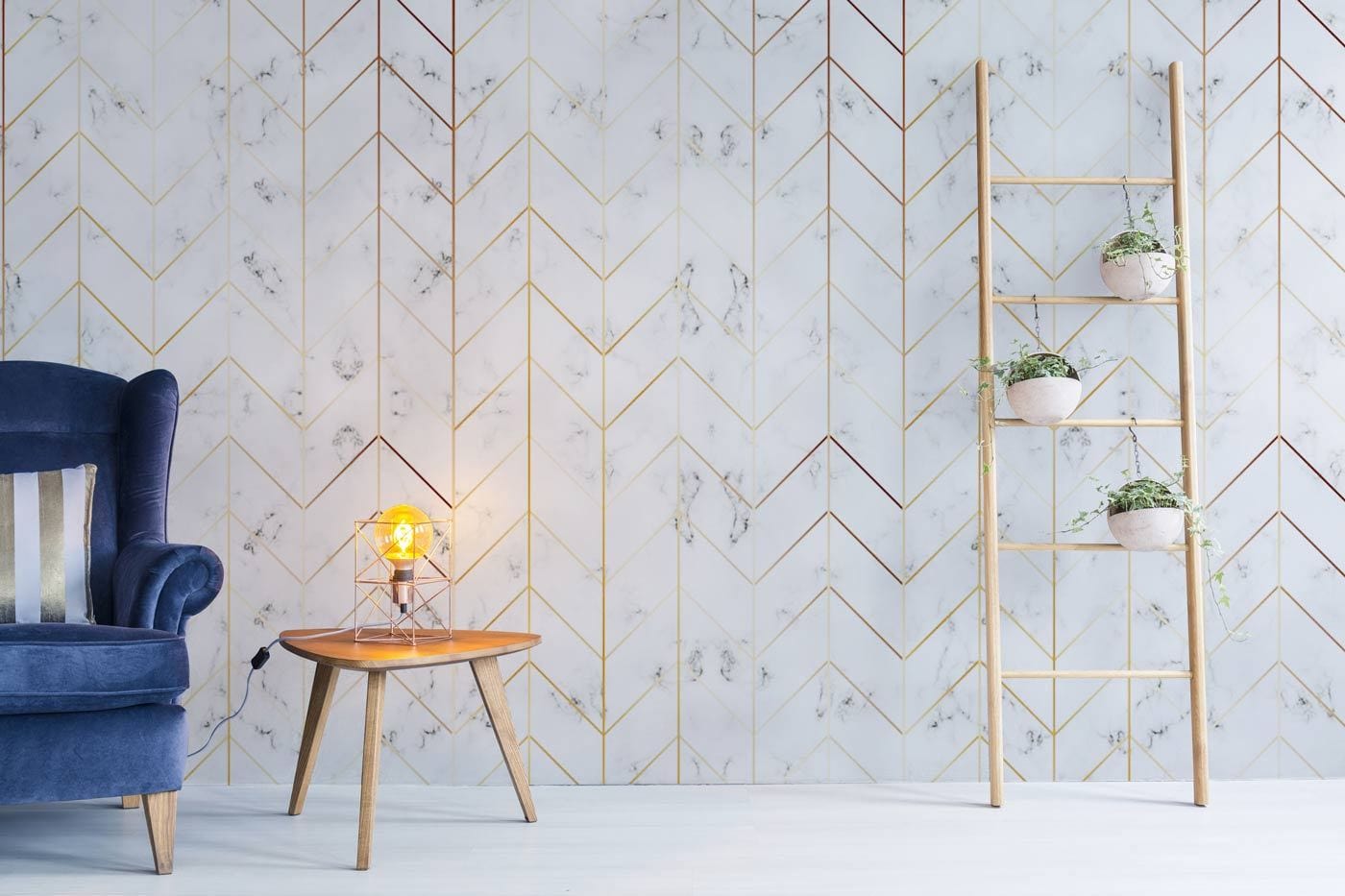 Living Room Wallpaper Mural Featuring Geometric Marble Design