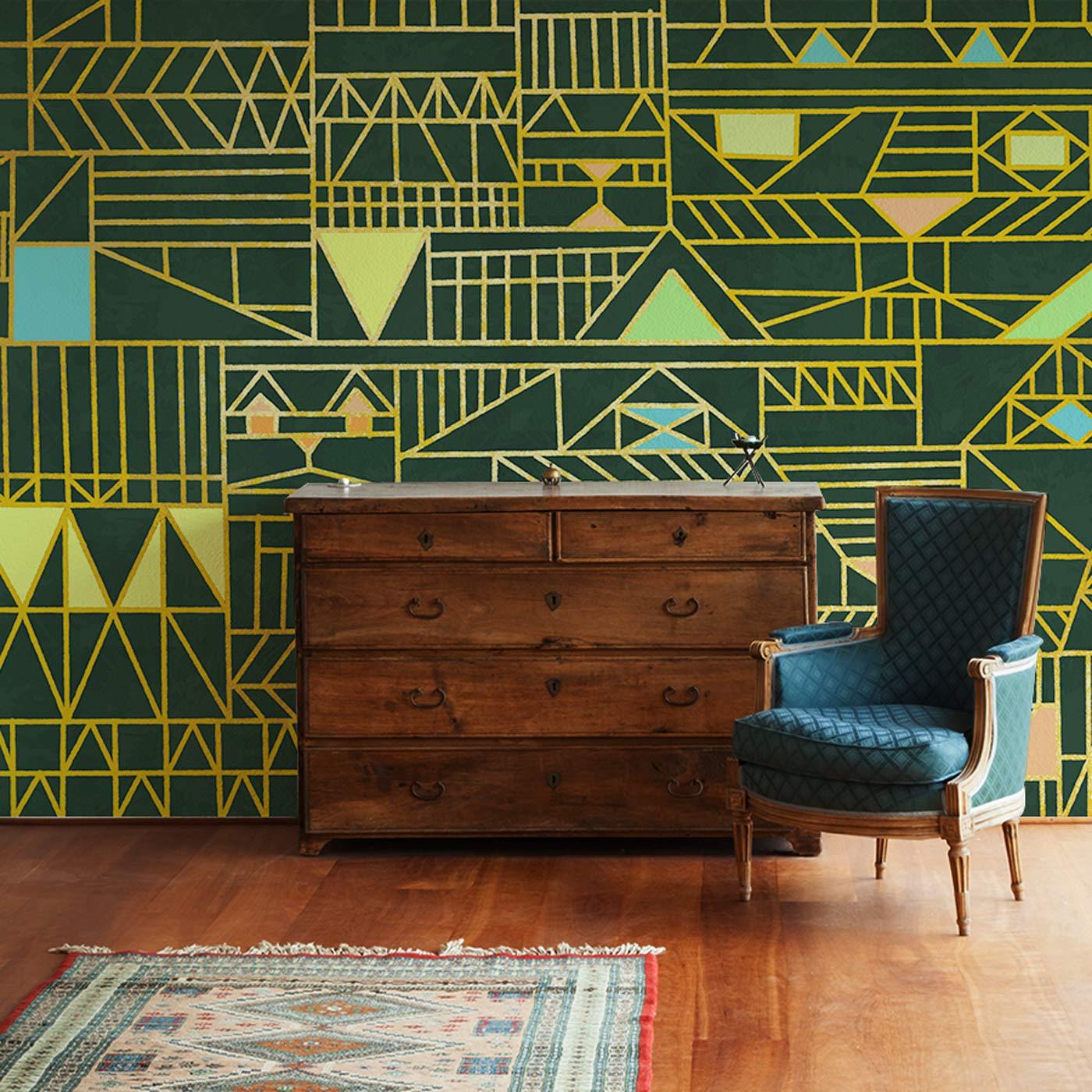 Wallpaper with a Mural Featuring a Dark Green Geometric Pattern for the Living Room Decor