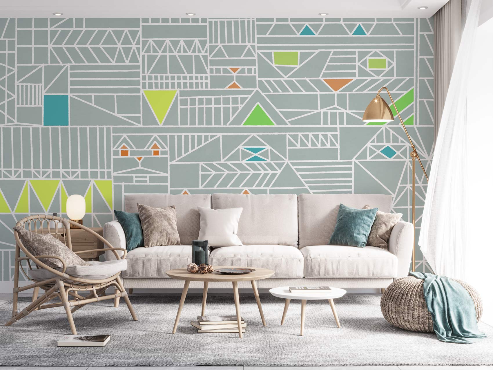 Wallpaper mural with a geometric pattern for the living room, intended for use in decorating the living room
