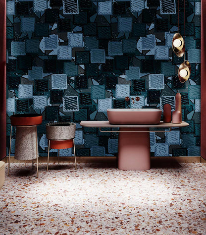 Modern Geometric Navy Blue Square Mural Wallpaper in bathroom