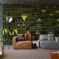 Mural wallpaper with a dark green geometric pattern, perfect for decorating the living room.