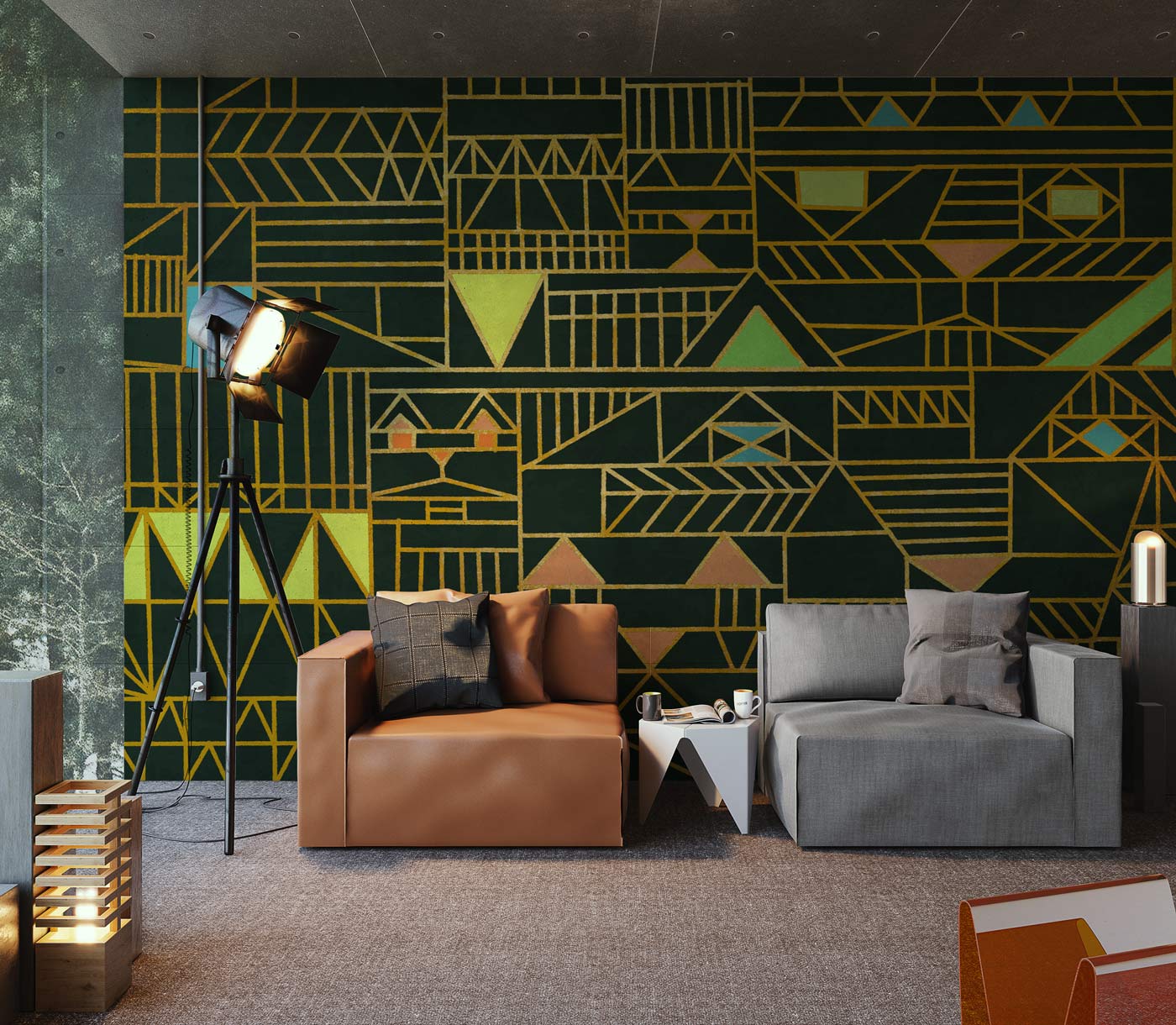 Mural wallpaper with a dark green geometric pattern, perfect for decorating the living room.