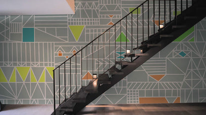 Wallpaper mural with a geometric pattern, ideal for use in living rooms and hallways.