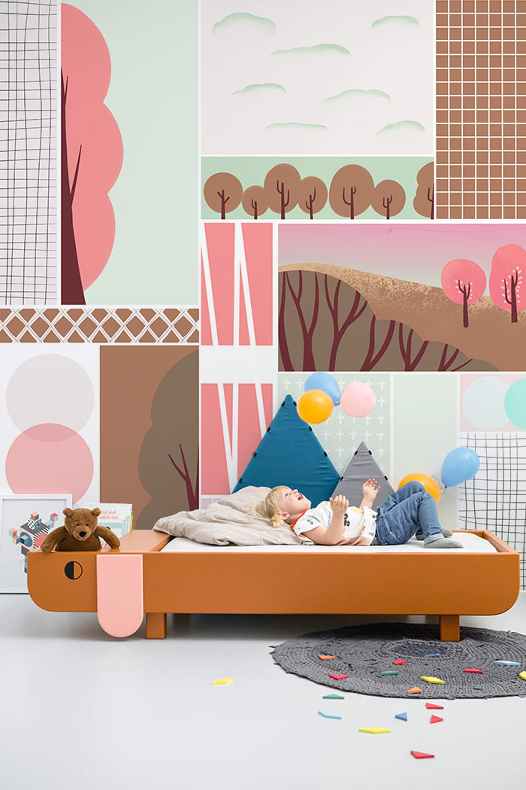Wallpaper mural featuring a geometric combination pattern for use in decorating a bedroom