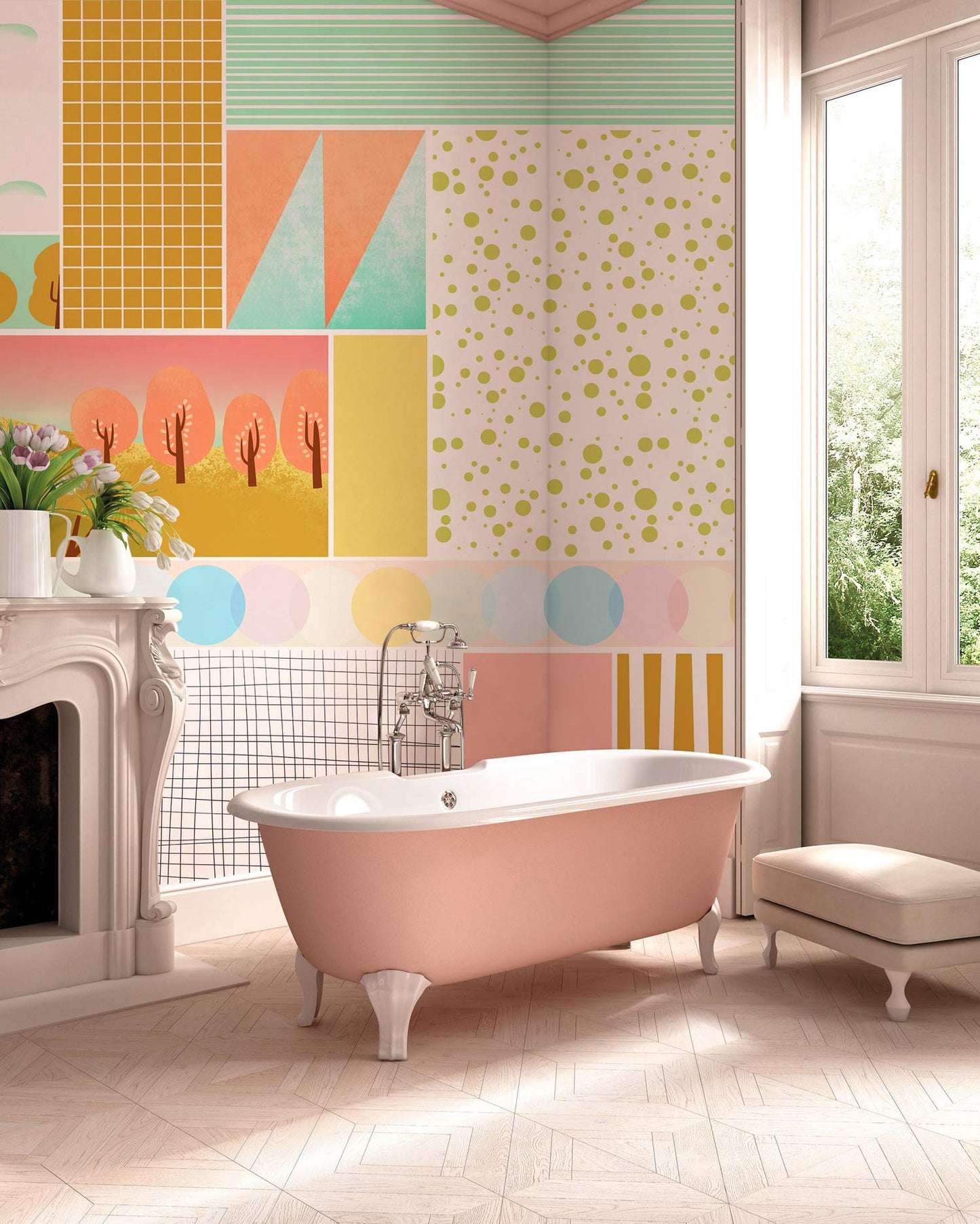 Wallpaper mural with a Geometric Combination Pattern for Use in the Decoration of Bathrooms