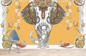 Bohemian Elephant Orange Floral Mural Wallpaper