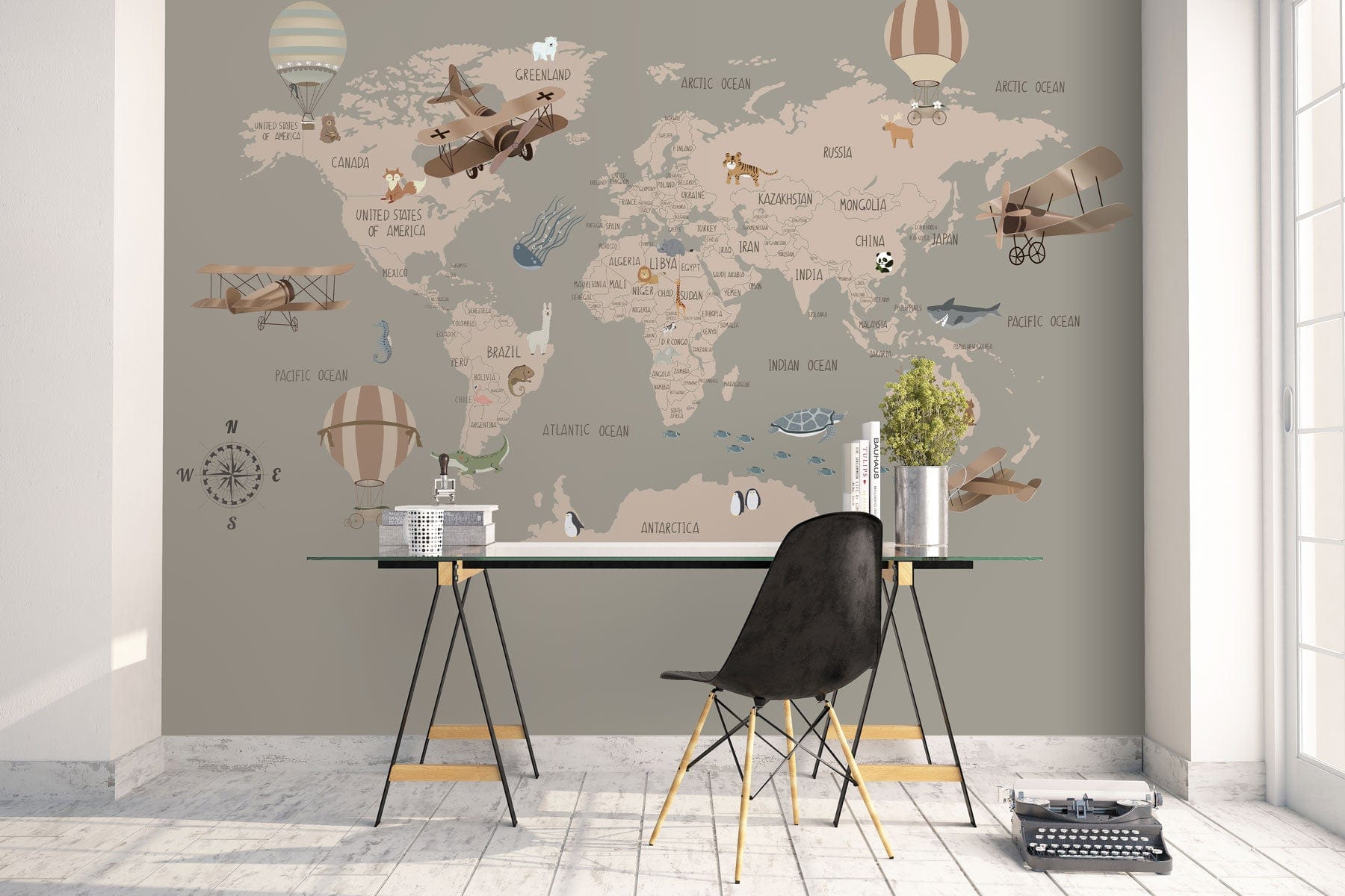 Home and Office Decoration Using a Pink and Gray Map Wallpaper Mural.