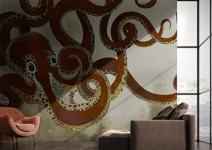 Abstract Octopus Gold Accent Mural Wallpaper in living room
