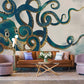 Whimsical Ocean Octopus Art Mural Wallpaper in living room
