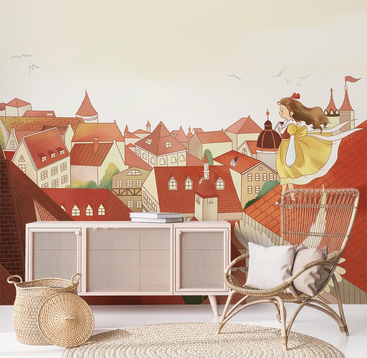 Whimsical Princess Town Kids Mural Wallpaper in playroom