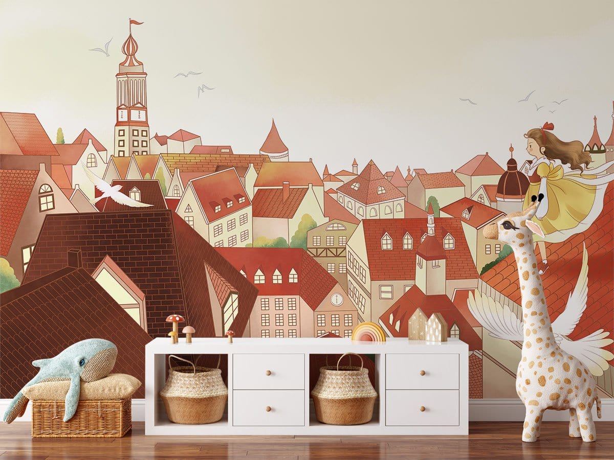 Whimsical Princess Town Kids Mural Wallpaper in playroom