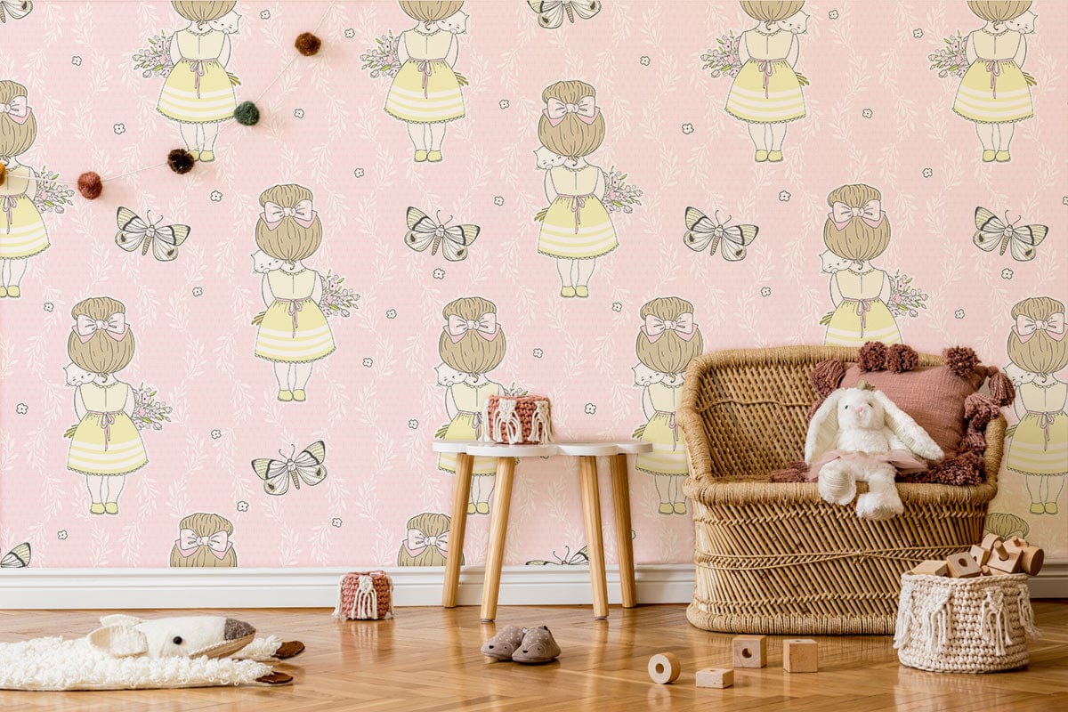 Girl with Her Cat and Butterflies Aesthetic Wallpaper For Kid's Room