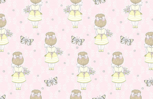 Girl with Her Cat and Butterflies Cartoon Mural Wallpaper Art Design