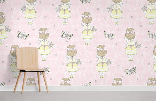 Girl with Her Cat and Butterflies Pink Wall Mural Interior Decor