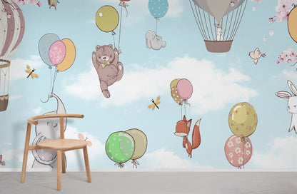 Wallpaper mural depicting animals on an aerial adventure