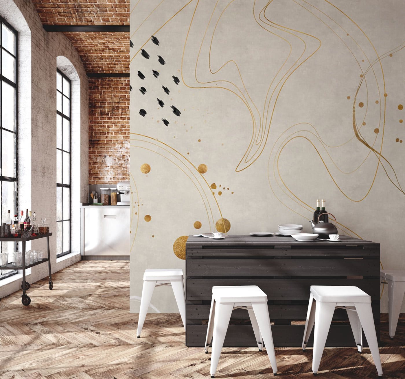 Dining Room with Cluttered Gold Lines Wallpaper Mural