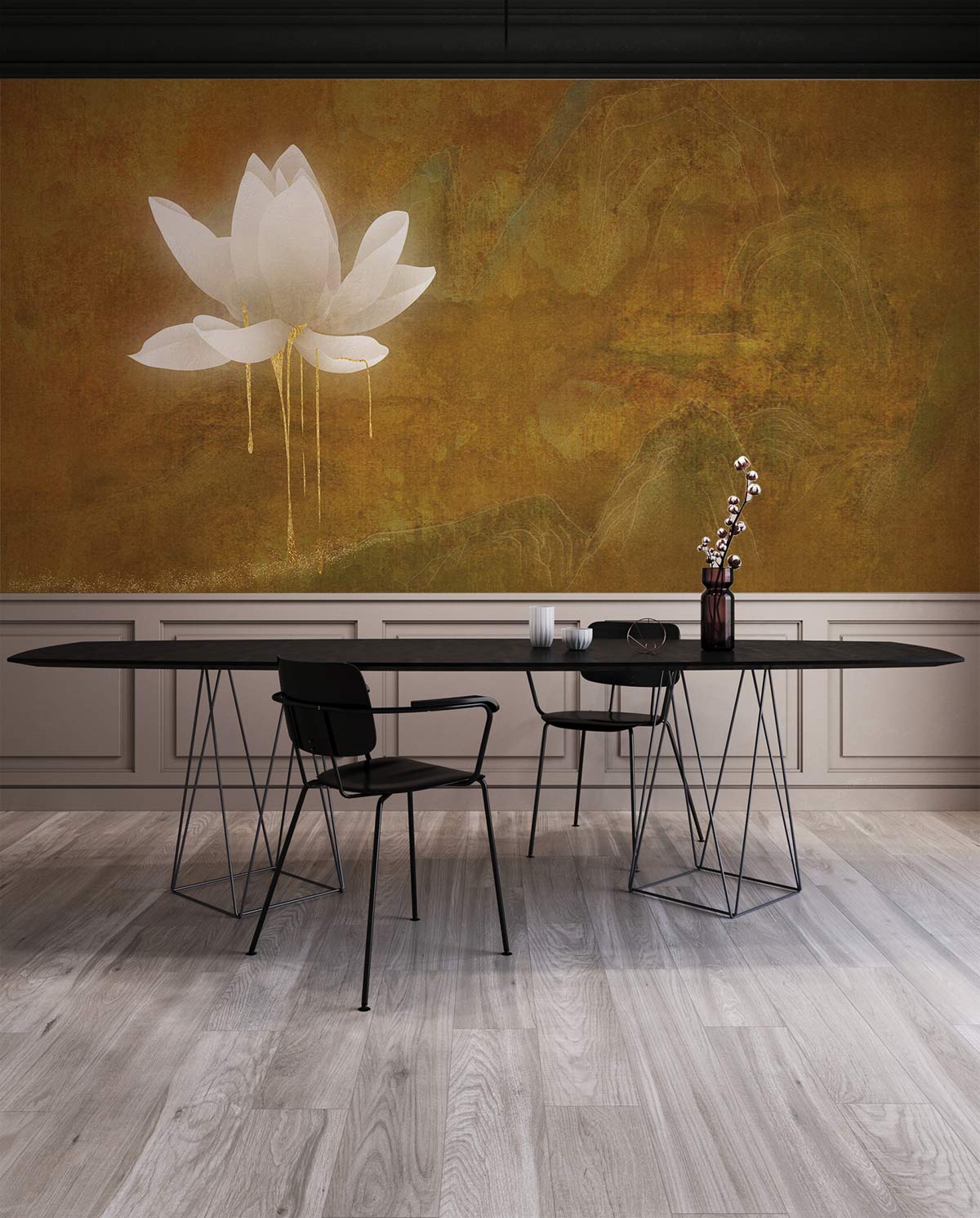 Gold Plated Lotus Flower Wallpaper Home Decor Design