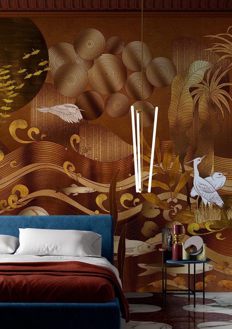 Golden Wallpaper Mural with an Abstract Ocean Scene for Bedroom Decoration