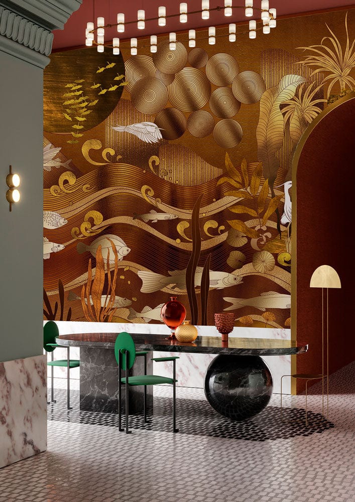 Golden Wallpaper Mural of an Abstract Ocean Scene for the Dining Room Design