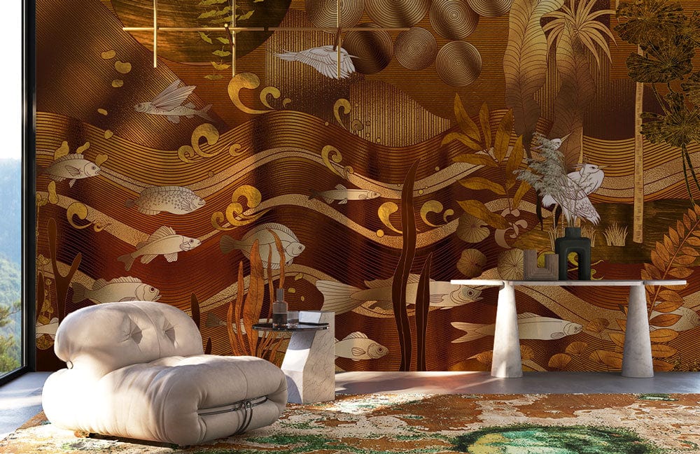 Golden Wallpaper Mural of Abstract Ocean Scenery for Living Room Decoration