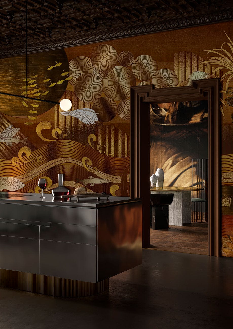 Golden Abstract Ocean Wall Mural for Home Decorating Use in the Kitchen