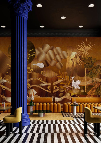 Golden Ocean Abstract Wallpaper Mural for Use in Decorating the Living Room