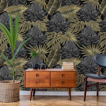 a wallpaper featuring blossoming flowers and palm tree foliage