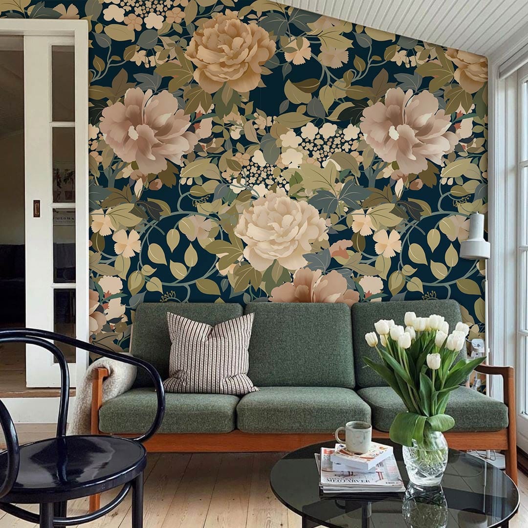 Golden Blossoms Wallpaper Mural for the Appealing Decoration of the Living Room