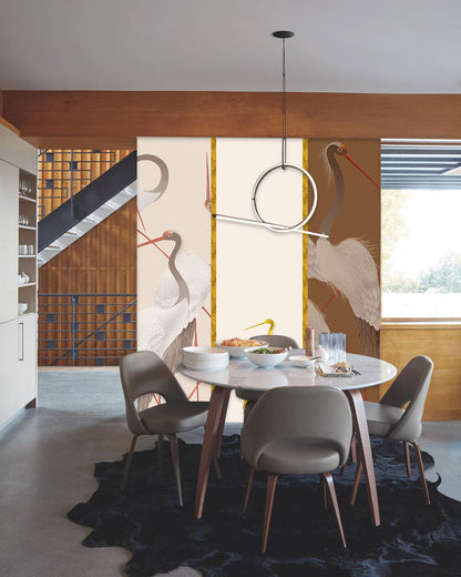 Elegant Gold Crane Bird Mural Wallpaper in dining room