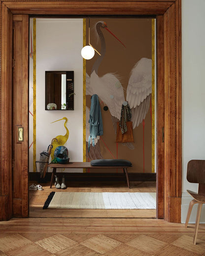 Elegant Gold Crane Bird Mural Wallpaper in entryway