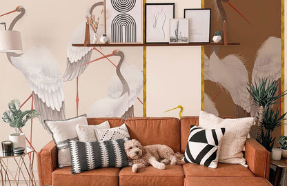 Elegant Gold Crane Bird Mural Wallpaper in living room