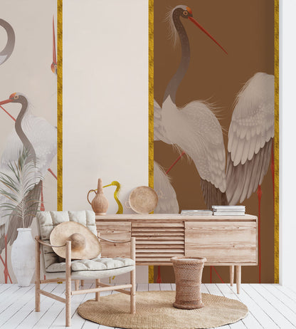 Elegant Gold Crane Bird Mural Wallpaper in living room