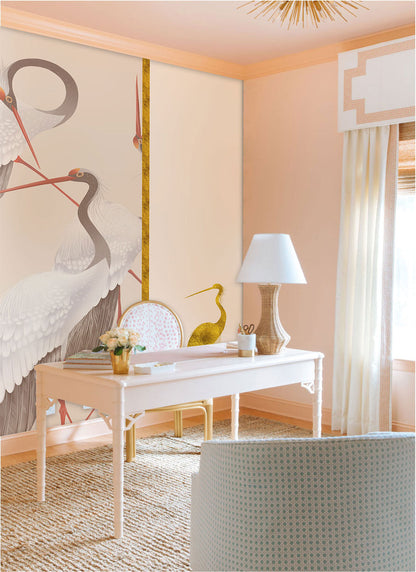 Elegant Gold Crane Bird Mural Wallpaper in office