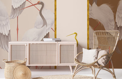 Elegant Gold Crane Bird Mural Wallpaper in living room