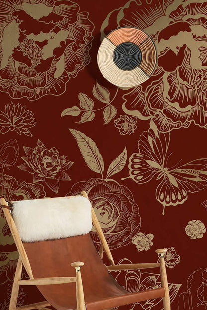 Luxurious Red Floral Art Deco Mural Wallpaper