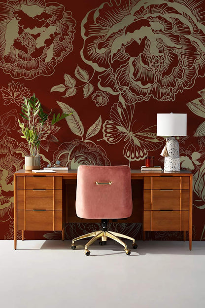 Luxurious Red Floral Art Deco Mural Wallpaper in office