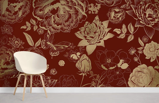 Luxurious Red Floral Art Deco Mural Wallpaper