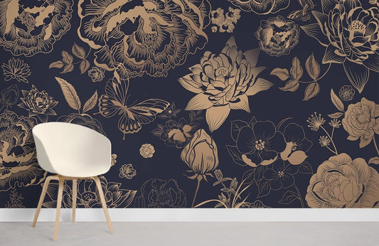 Elegant Gold Floral Navy Mural Wallpaper